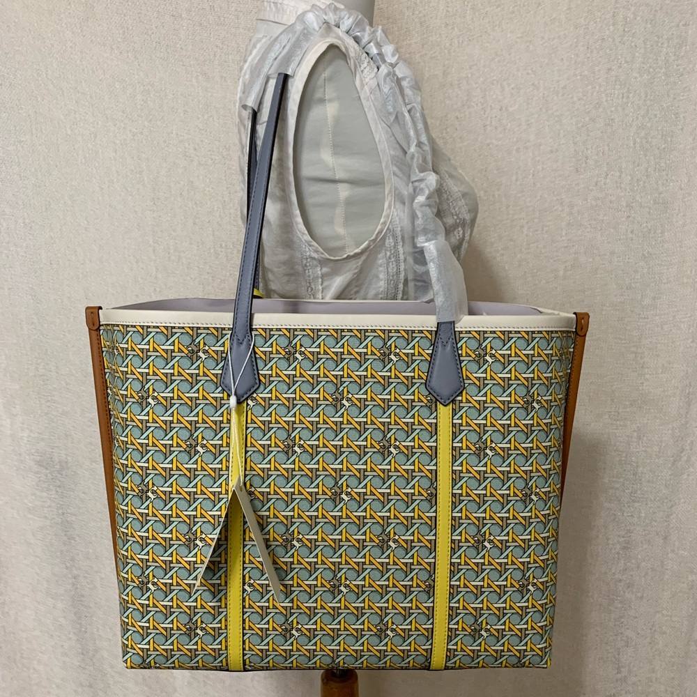Tory Burch Perry Triple Compartment Northern Blue Basket Weave Large Tote Bag - Picture 6 of 15